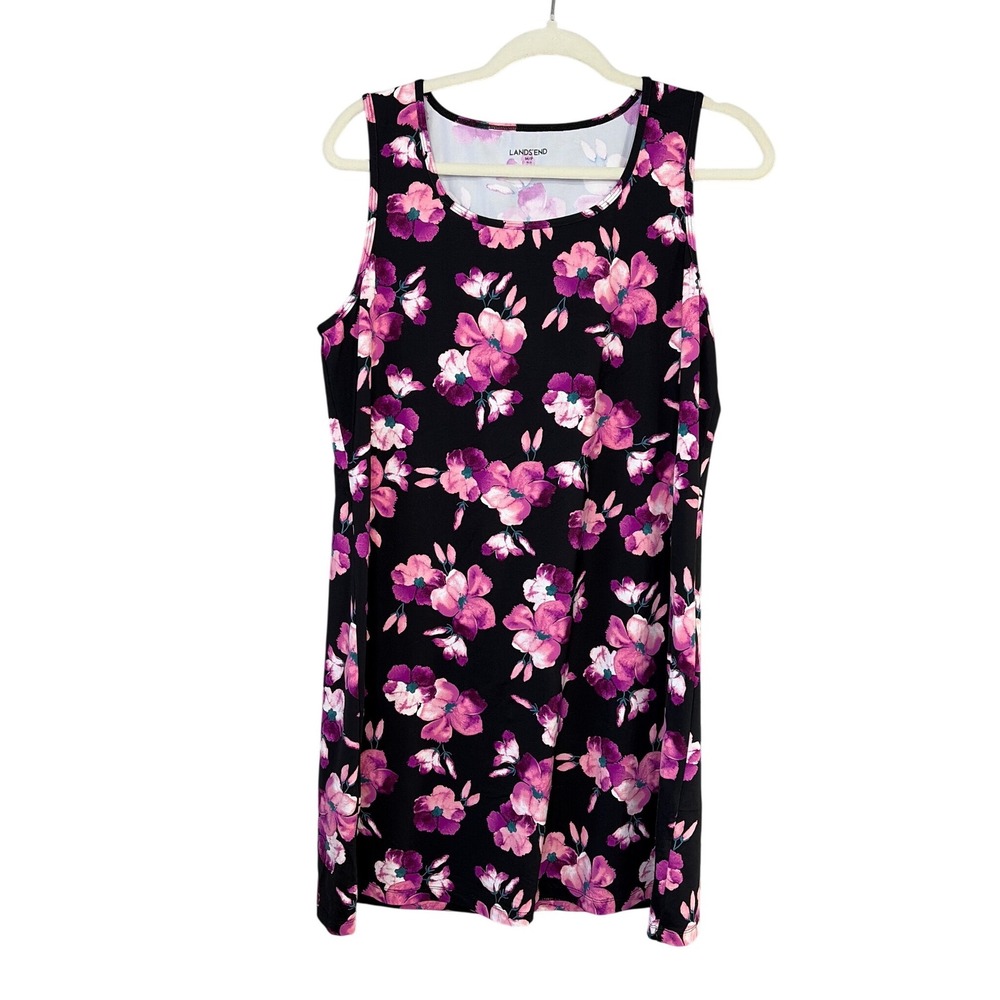 Lands End Womens Black Pink Floral‎ Athleisure Tank Dress Medium 10-12